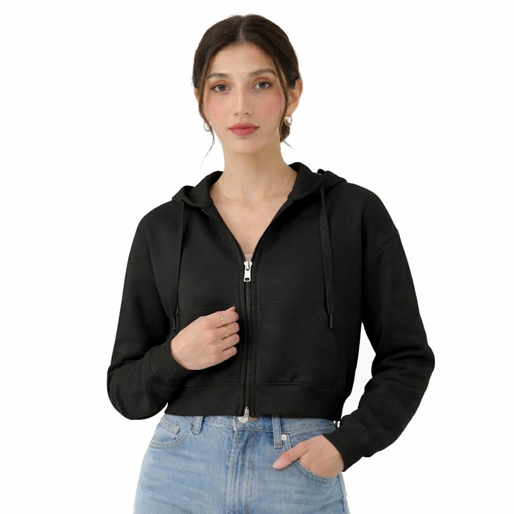 Women’s Cropped Zip-Up Hoodie – Lightweight Fleece Crop Sweatshirt with Hood, Drawstring & Kangaroo Pockets-image-26