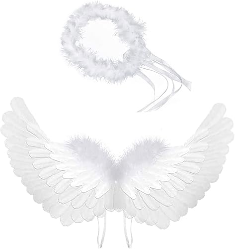 Antspirit Disfraz de ángel de alas y halo blanco para niñas, niños, mujeres, adultos, Halloween