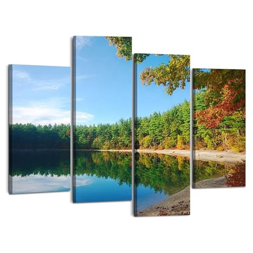 Weone Artwork 4 Panel Canvas Wall Art Walden Pond Concord MA Stretched & Framed Art Prints Modern Painting Wall Decoration Ready to Hang Unique Designed