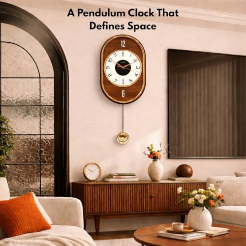 Image of ARMONIA Designer Pendulum Wall Clock for Living Room - Large Decorative Acrylic Lolak Wall Clock with Silent Sweep Movement, Modern Vintage Style Home Decor Clock for Bedroom & Office (Brown, 70x30cm)