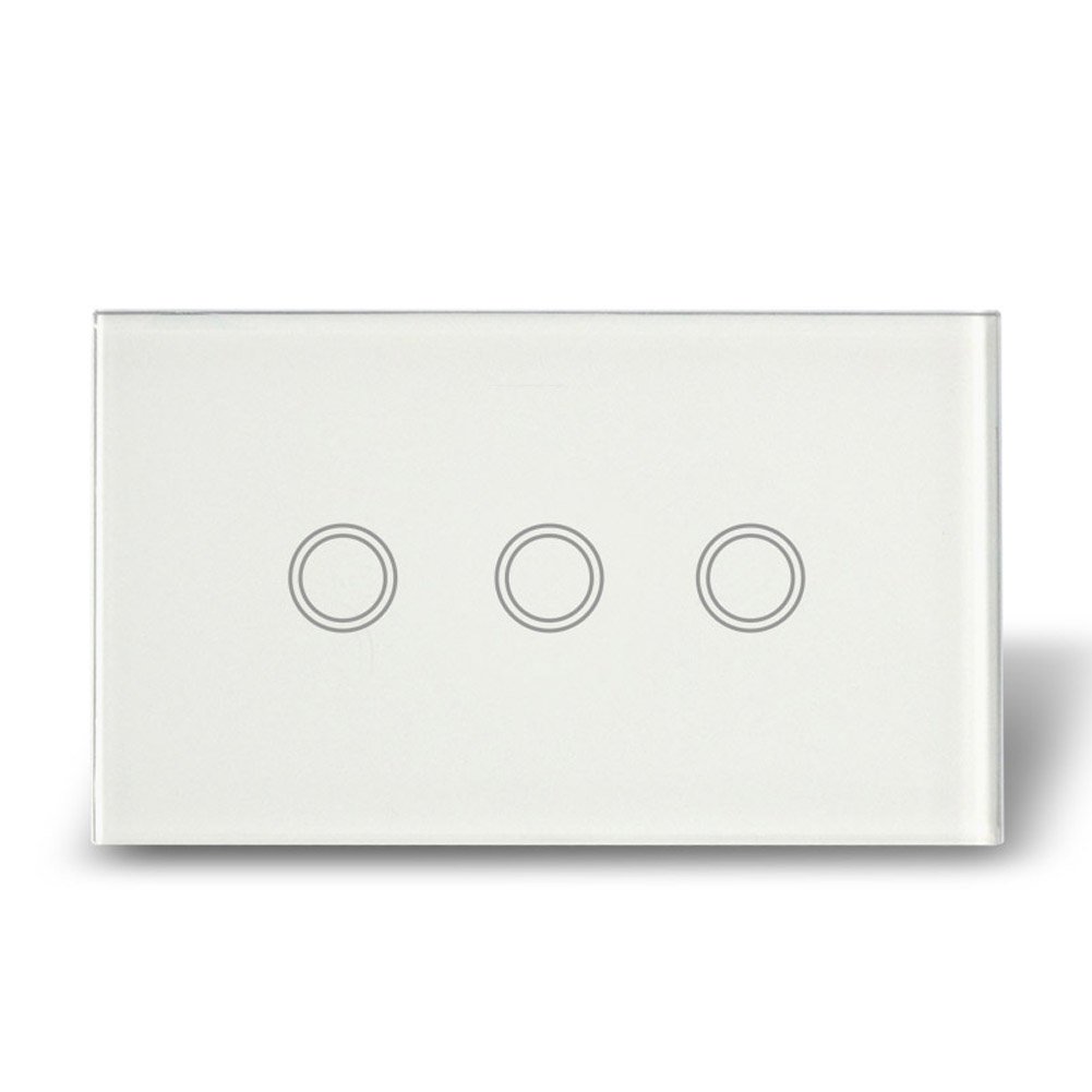 Touch Switch 1000W Wall Light Switch 3 Gang 1 Way Crystal Glass Touch Panel Waterproof (White)