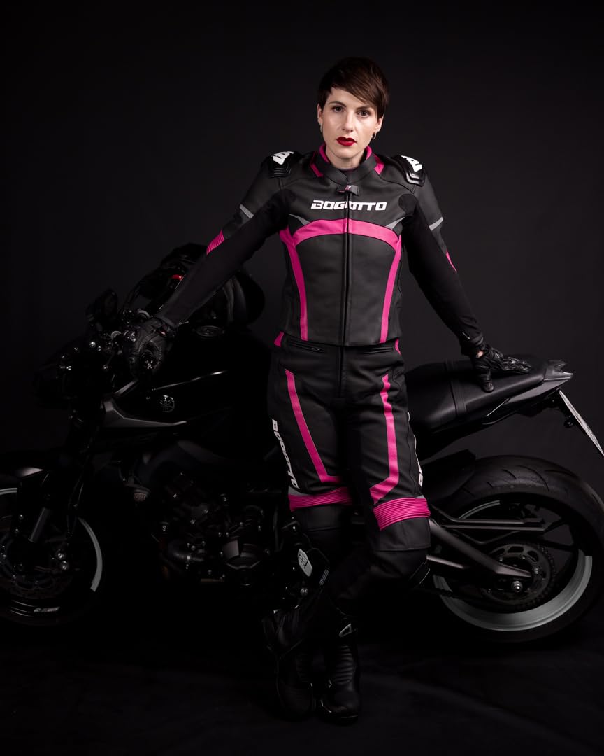 Bogotto Misano Due Pezzi Tuta In Pelle Da Moto Da Donna, nero/fucsia, 46