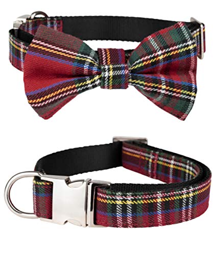 Red Scottish Tartan Bowtie Dog Collar - Plaid Dog Collar with Detachable Bow in Tartan Pattern - For Boys & Girls