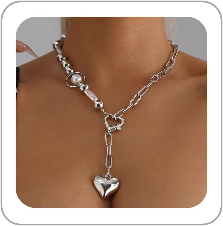 Chunky Gold Heart Necklaces for Women Puffy Heart Pendant Necklace Boho Pearl Choker Necklaces Statement Necklace Trendy Prom Jewelry Gift