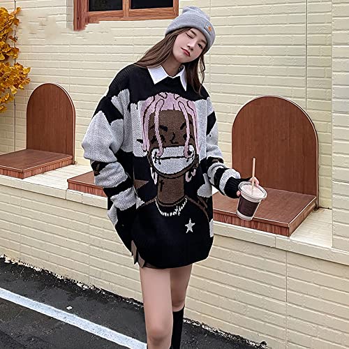 Men Oversized Knitted Sweater Pullover Black Japanese Anime Cartoon Print4