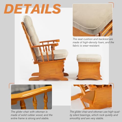 Image of Rubber Wood Nursery Glider and Ottoman Set, Quiet Smooth Gliding Rocking Chair for Breastfeeding, Comfy Upholstered Glider for Living Room Bedroom