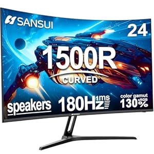 SANSUI 24 Inch Curved Gaming Monitor up to 180Hz MPRT 1ms with Built-in Speakers,FHD 1080P Computer Monitor Freesync 130% sRGB HDR,HDMI DP Ports VESA Mount Metal Stand(ES-G24C1 HDMI Cable Included)