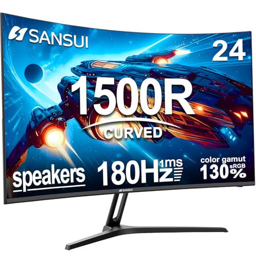 SANSUI 24 Inch Curved Gaming Monitor up to 180Hz MPRT 1ms with Built-in Speakers,FHD 1080P Computer Monitor Freesync 130% sRGB HDR,HDMI DP Ports VESA Mount Metal Stand(ES-G24C1 HDMI Cable Included)