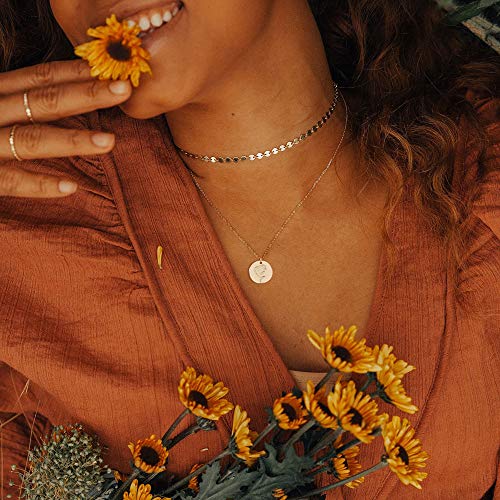 Guemer 12 Birth Month Flower Pendant Necklace 14K Gold Plated Dainty Simple Month Birth Floral Disc Pendant Engrave Coin Necklace Minimalist Jewelry Mom Daughter Bff Gift #TOP3