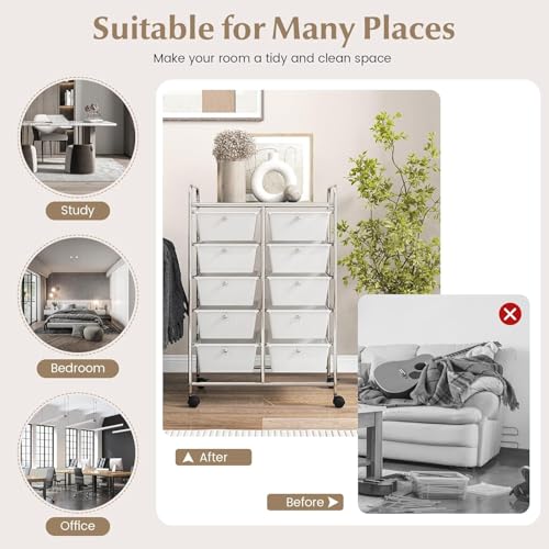 Image of LDAILY 10 Drawer Rolling Cart, Storage Cart Organizer on Wheels, Drawer Cart with Metal Frame & Large Storage Capacity, Rolling Cart with Drawers for Living Room Classroom, Office