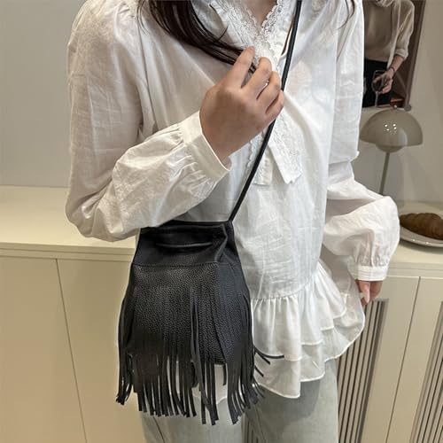 Image of Women Leather Fringe Messenger Bag Mini Hobo Crossbody Tassel Shoulder Bags