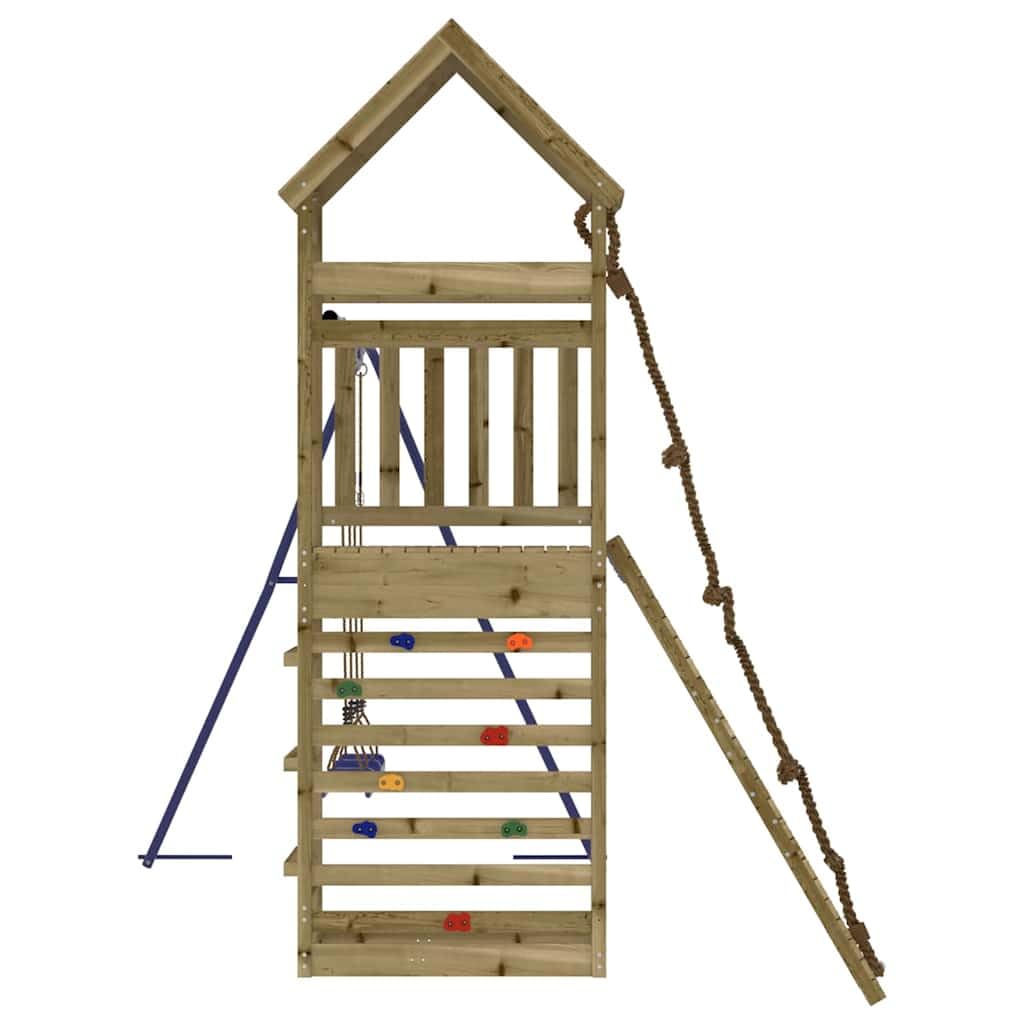 Wieża do zabawy z impregnowanego ciśnieniowo drewna sosnowego z rusztowaniem do wspinaczki, podwójna huśtawka, piaskownica, platforma 90 cm, domek do zabawy dla dzieci w ogrodzie, odporny na