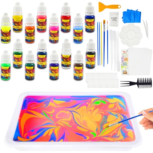Kinyoda Pintura de mármol de agua,16 Colores Kit Arcoíris de Arte Marmolado,kits de manualidades,Marbling Painting Kit para Actividades Infantiles Cumpleaños Regalos Niñas Niños 6 años y más