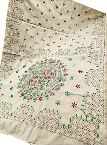 Image of SHRISTI CLOTHINGS Women's Hand Embroidered Cotton Silk Kantha Stitch Saree with Blouse Piece (J420824 BEIGED63)