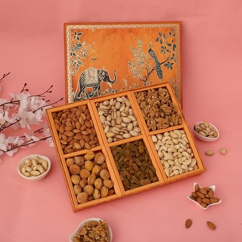 Image of Riwaz Premium EL Orange Designer Dry Fruit Gift Box | 6 Partition Assorted Almonds, Cashews, Pistachios, Walnuts, Raisins & Apricots | Luxury Festive Hamper for Diwali, Wedding & Corporate Gifting