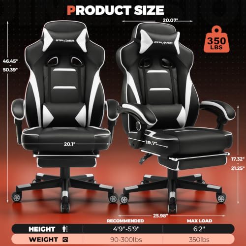 Image of GTPLAYER Gaming Chair with Footrest, 350LBS Big and Tall Office Chair, Ergonomic High Back Lumbar Support and Recliner for Back Pain Relief, White
