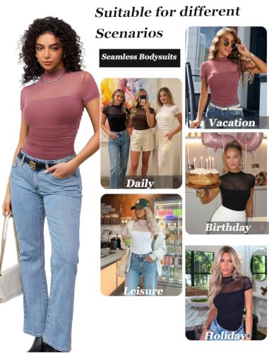 Image of Avidlove Women's Short Sleeve Bodysuit Turtle Neck Body Suits Mesh One Piece Leotard Going Out Tops Date Outfits