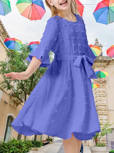 Girls Bell Sleeve Dresses Swiss Dots Crewneck Formal Belt Fit Knee High Midi Cap Shoulder Teen Dresses for Girls2