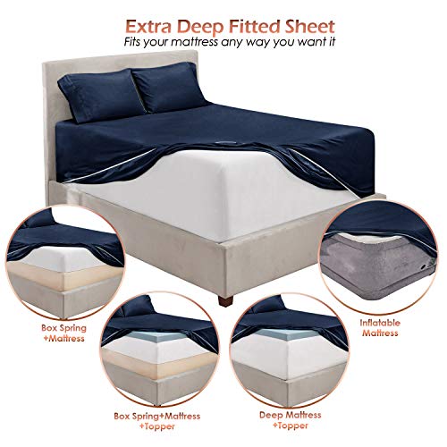 Image of Hearth & Harbor Extra Deep Pocket Queen Size Sheet Set - 4 Piece Ultra Soft & Breathable Bed Sheets Set - Fits Up to 24 inch Mattress - Hotel Luxury Bed Sheet Set, Navy Blue | 4 Piece Bed Sheet Set, Ultra Soft & Breathable, Fits Up to 24 inch Mattress, Hotel Luxury
