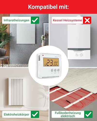 ELEKTROBOCK PT14 Digitaler Raumthermostat 230V | Ein Knopfdruck - Temperaturwechsel | kein programmieren notwendig | großes beleuchtetes LCD Display | Wandthermostat für elektrische Heizungen