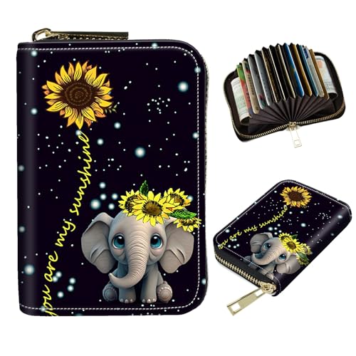 Elephant Sunflower Credit Card Holder for Women with Zipper Small Credit Card Wallet PU Leather RFID Blocking Wallet Card Organizer Wallets Accordion Wallets Gift for Women or Men