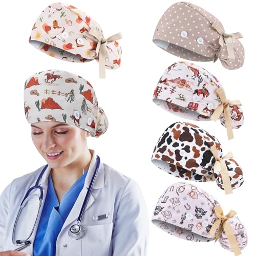HooLing 6 Pcs Scrub Caps for Women Nursing Hat with Button,Cowboy