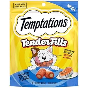 Temptations Tender Fills Grilled Salmon Flavor Crunchy and Soft Adult Cat Treats, 4.6 oz. Pouch (Pack of 10)