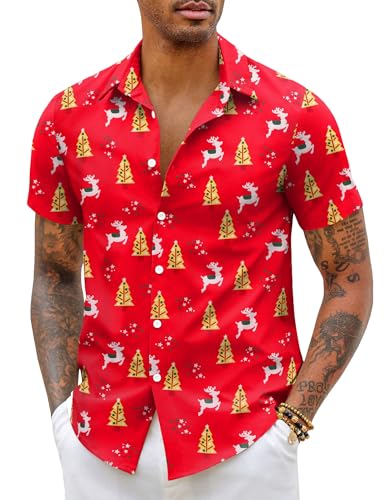 COOFANDY Weihnachtshemd Herren Weihnachtsshirt Kurzarm Weihnachten Hemd Xmas Shirt Funky Christmas Print Weihnachtsmann Hemd Christmas Freizeithemd Männer Rot M., 20.69 €