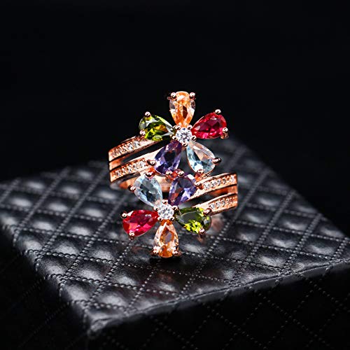Uloveido Women's Multicolor Pear Cut Created Tourmaline Rings Rose Gold Plated Flower October Birthstone Adjustable Rings Birthday Gifts Ideas RJ1344