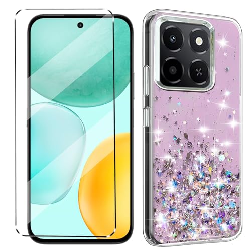 XueqinHu Glitter Bling Case Cover Compatible with Honor X6C Phone Case with 1 Pack Screen Protector glass Phone Case Soft TPU Slim Fit Shockproof Anti-Scratch-Pink