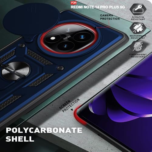 Image of AESTMO Tough Armor Redmi Note 14 Pro Plus 5G Bumper Back Case Cover | Ring Holder & Sliding Camera Shield Cover | 360 Degree Protection Back Case Cover for Redmi Note 14 Pro Plus 5G (Blue)