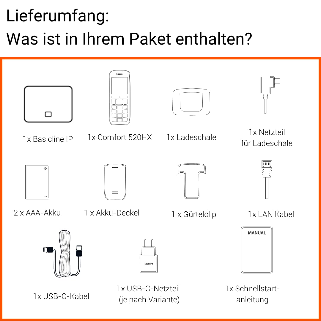 BasicLine IP + Comfort 500HX – Basisstation für Internet-Telefonie, kombiniert mit einem HX-Mobilteil, HD-Sprachqualität, Made in Germany, Silber-schwarz [Kompatibel in DE, IT, FR, NL, BE, ES, Che]