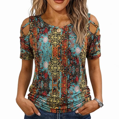 Image of Jar of Love Women's Summer Tops Short Sleeve Cold Shoulder Tops T-Shirts for Women Spring Summer Tops Loose Fit Tunic 2026