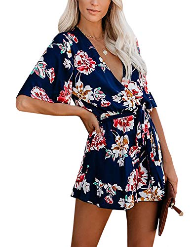Aimcoo Women's Summer Deep V-Neck Floral Print Ruffles Short Flared Half Sleeve Sleeve Belted Wrap Short Jumpsuit Romper #TOP3