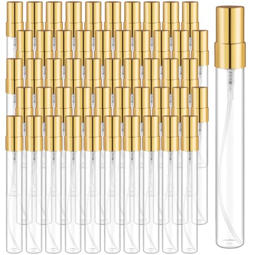 50 Pcs 10ml/0.34oz Fine Mist Glass Bottle Mini Transparent Spray Vials Empty Refillable Perfume Bottles for Cosmetic Perfume Liquid Sample DIY Sprays - Gold Lids
