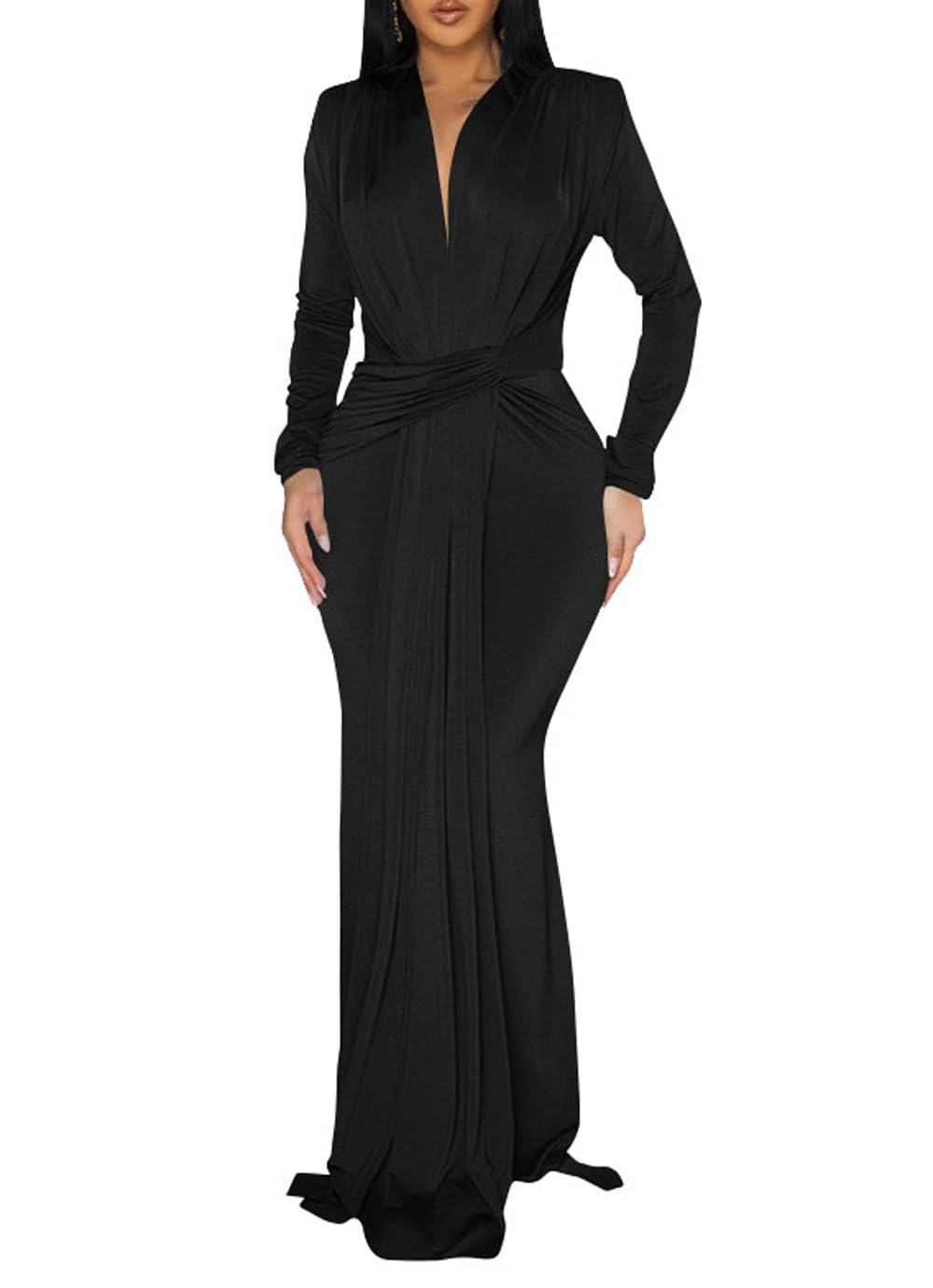 Memoriesea Womens Elegant Long Sleeve Deep V Neck Bodycon Party Evening Gown Maxi Dress