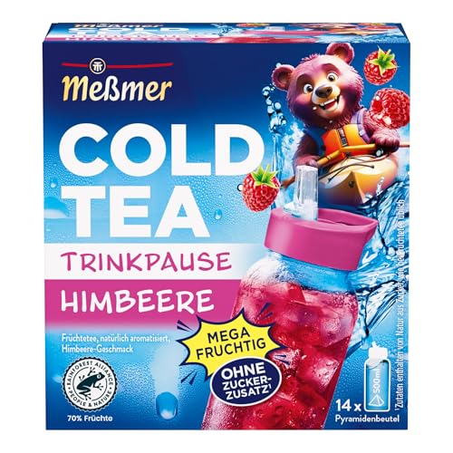 Meßmer Cold Tea Trinkpause Himbeere | Früchtetee natürlich aromatisiert Himbeere-Geschmack | für kalten Aufguss | 14 Pyramidenbeutel