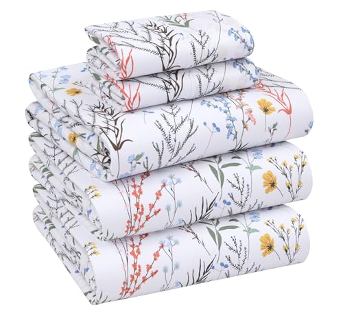 RUVANTI 100% Cotton Split King Sheets Sets for Adjustable Bed, 5 PCs, Soft & Breathable Percale Weave Bedding, Deep Pocket 16", Hotel Standard, Crisp Cool Feel & Durable, Floral Sheet, Aroma
