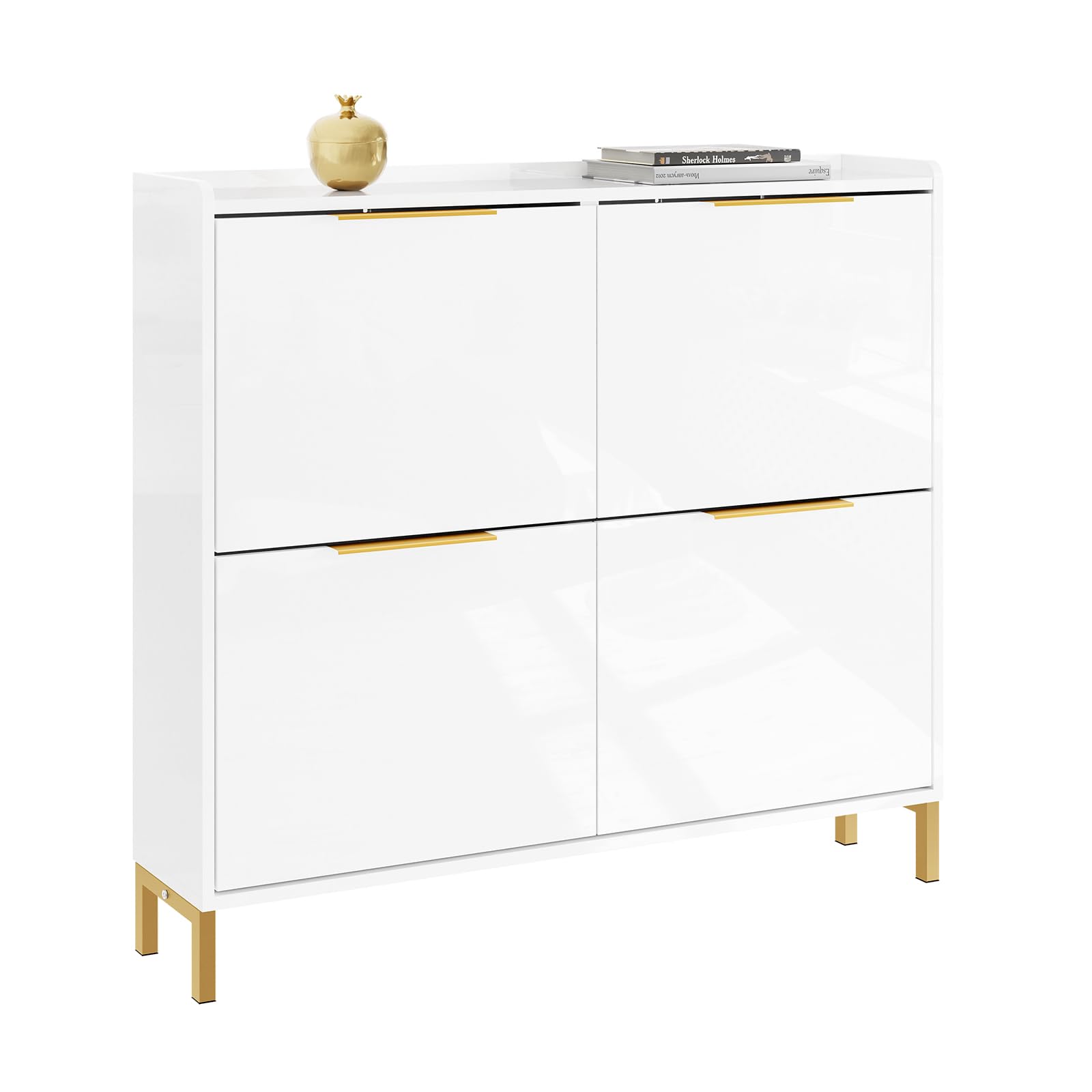 SoBuy Schuhschrank Schmal Schuhkipper Schmal mit 4 Klappen– Hochglanz Weiß mit Goldgriffen, 19cm Tiefe, Flur & kleine Wohnung, MDF+Eisen, 25kg Belastung, B100xH88,5xT19cm, FSR206-GW