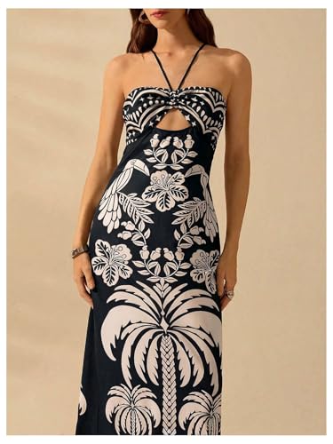 Image of SHENHE Women's Tropical Print Halter Maxi Dress Cutout Tie Backless Split Hem Boho Sundress