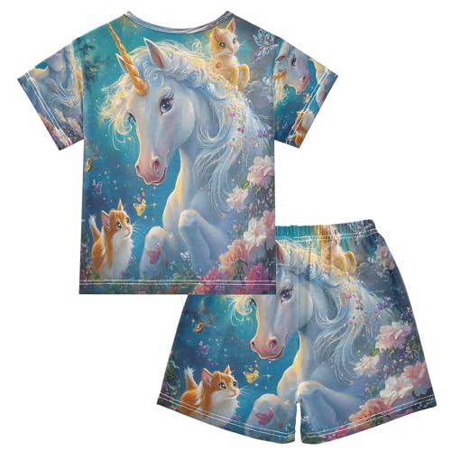 ALAZA Unicorn Cat Kitten Butterfly Flower Pajamas Set Short Sleeve Cotton Sleepwear Summer Pjs 2 Piece 5-14Y2