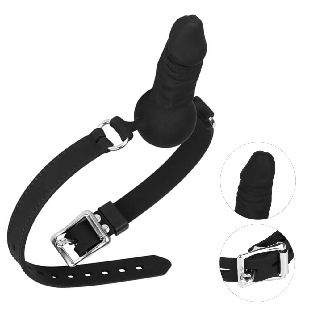 Gode SXOVO Gag Gode réaliste Bouche avec Boule Noir Silicone Noir Boule Pénis Réglable Bracelet SM Gode anus Masturbateur Sextoys