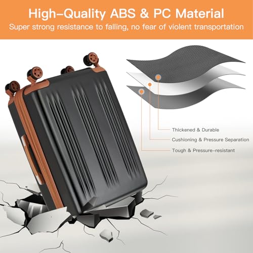 Image of Kono 24 Inch Expandable Checked Luggage Medium Size Suitcase for Travel | Lightweight PC+ABS hardshell suitcase with spinner wheels, TSA lock medium luggage for 4-7 day travel, Black & Brown