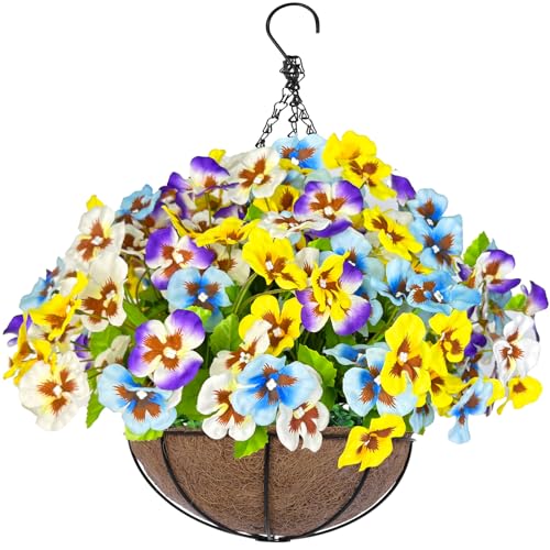 Pansies Fake Hanging Plants Pansy Flowers & Basket for Outdoor