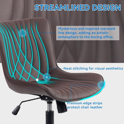 Image of YOUNIKE Office Chair Brown, Armless Desk Chair with Wheels, Home Office Task Chairs, Modern Faux Leather Upholstered Adjustable Swivel Rocking Chair with Back