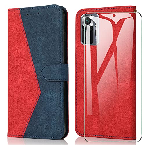 ARRYNN Coque pour Xiaomi Redmi Note 10 Pro 4G Cuir + Verre trempé,Housse Xiaomi Redmi Note 10 Pro 4G Etui de Protection Porte-Cartes Portefeuille Multi-Usage Magnétique Case -Rouge Cover