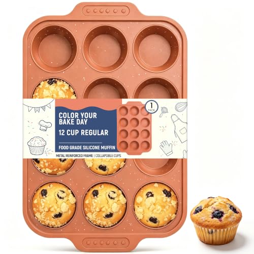 Image of Silicone Muffin Pans for Baking with Metal Reinforced Frame | Nonstick 12-Cup Regular Size Cupcake Tray for Egg Bites, Muffins & Cupcakes, Dishwasher Safe, Brick Orange, 1 Pc