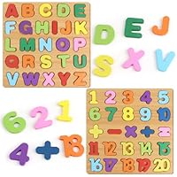 2 Pcs Wooden Alphabet Puzzle and Number Jigsaw Set, Early Learning Alphabet Toys for Toddlers, Educational ABC Puzzle Blocks for 3+ Kids, Preschool Wooden Puzzles Letters and Numbers