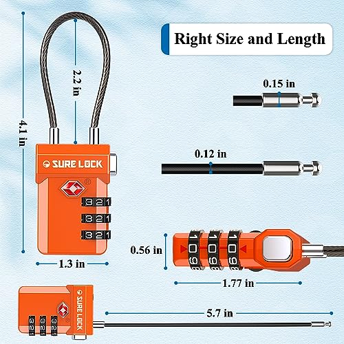 Image of SURE LOCK TSA Approved Luggage Locks with Open Alert Indicator, 3 Digit Combination Cable Travel Lock for Suitcase, Backpack, Gym Locker, Toolbox, Carry On & Travel Bag