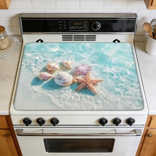 Image of Multi-Design Silicone Stove Cover for Glass /Electric Stoves - 3-in-1 Heat-Resistant Protector Mat, Non-Slip Drying Rack (Beach Sand Seashells, 28 inch L x 20 inch W)